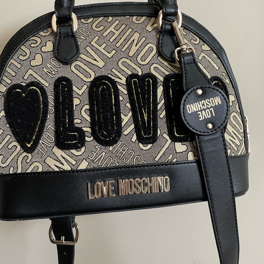 Love Moschino love jacquard bowling bag in gold and black